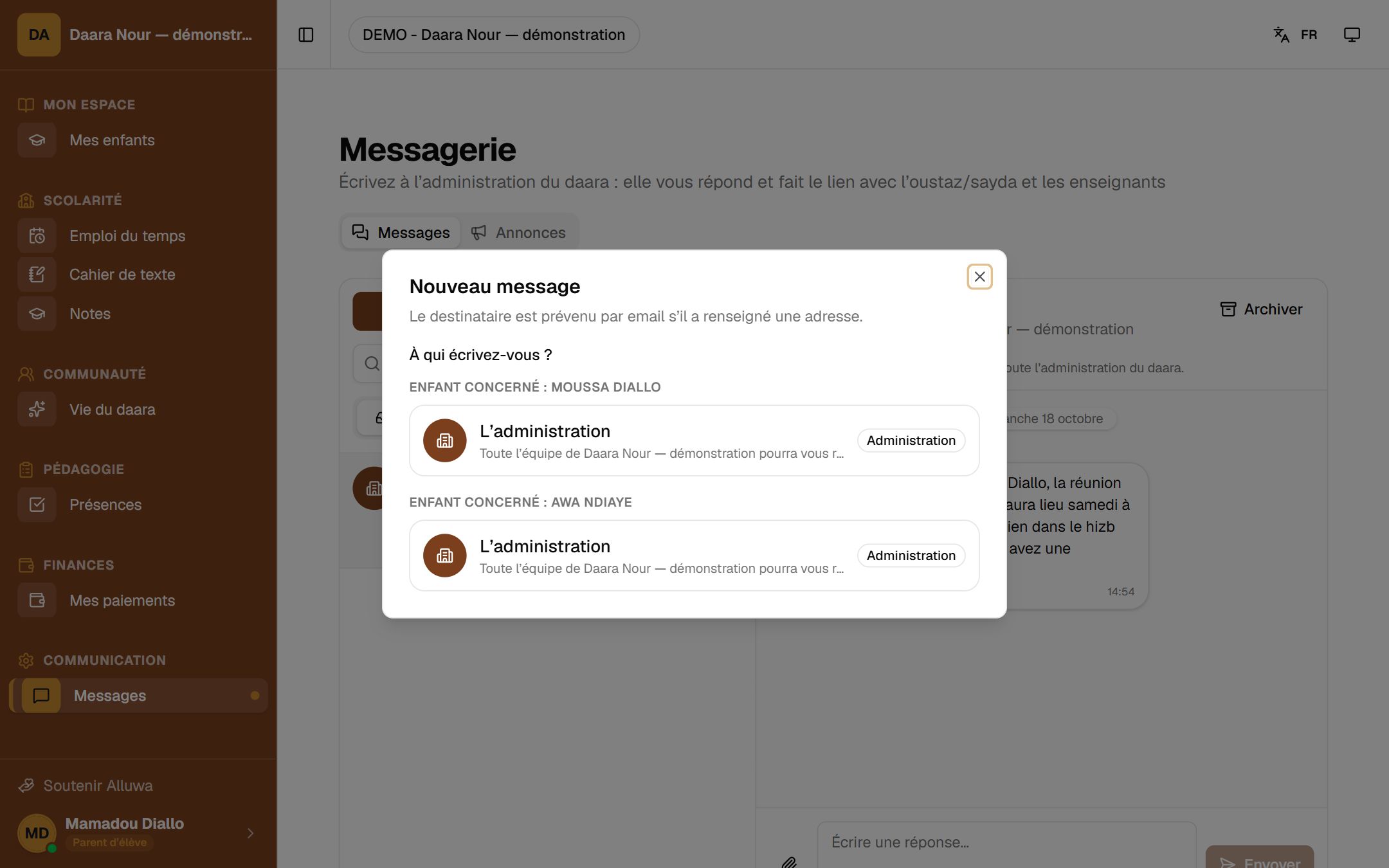 La fenêtre Nouveau message : À qui écrivez-vous ? Enfant concerné, carte L’administration