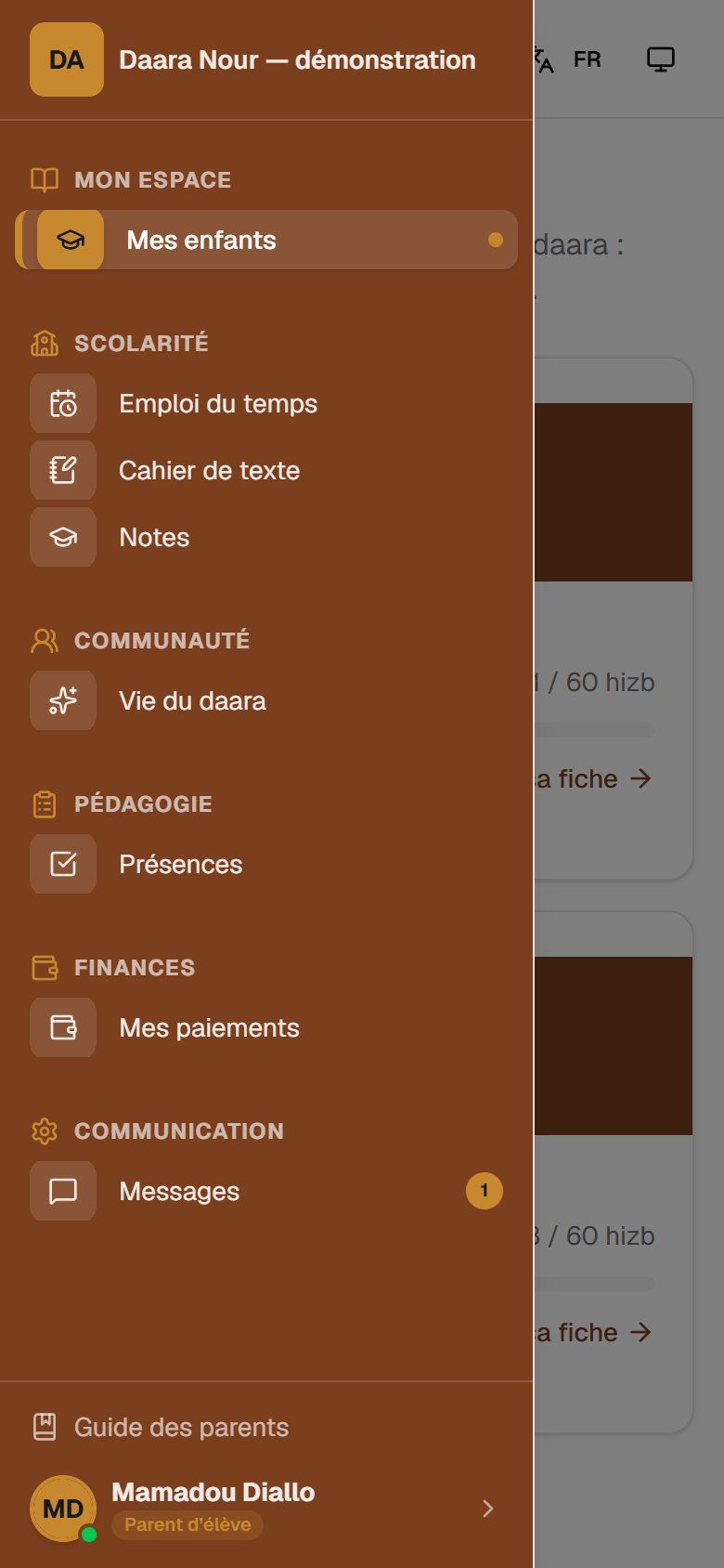 Sur téléphone : le menu ouvert